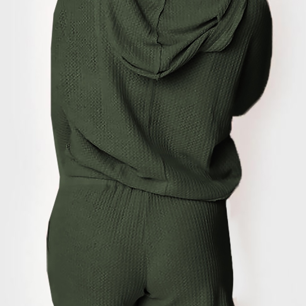 Waffle Knit Thermal Hoodie Short Set Forest Green - Picture 4 of 9